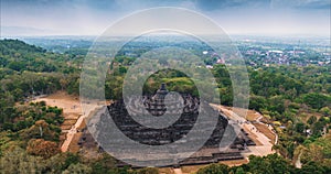 Aerial view drone hyper lapse. Borobudur temple in Java island, Indonesia.