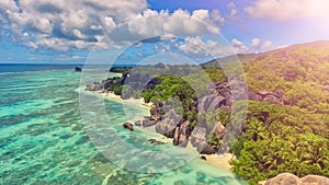 Aerial view from a drone of La Digue Anse Source Argent Beach - Seychelles