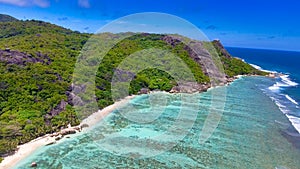 Aerial view from a drone of La Digue Anse Source Argent Beach - Seychelles