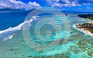 Aerial view from a drone of La Digue Anse Source Argent Beach - Seychelles