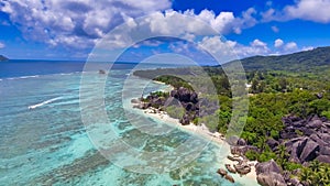 Aerial view from a drone of La Digue Anse Source Argent Beach - Seychelles