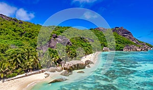 Aerial view from a drone of La Digue Anse Source Argent Beach - Seychelles