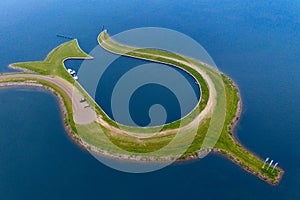 Aerial view from the drone of manmade Tulip island Tulpeiland Zeewolde, Netherlands