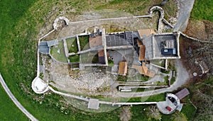 Aerial view with drone of medieval castle ruin near Sulzberg in AllgÃ¤u