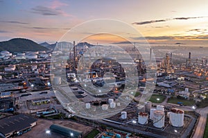 Aerial view drone of oil storage tank with oil refinery factory industrial. Oil refinery