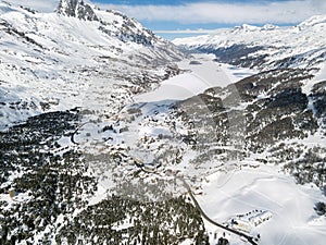 Aerial view by drone over the Engadin valley, Switezrland photo