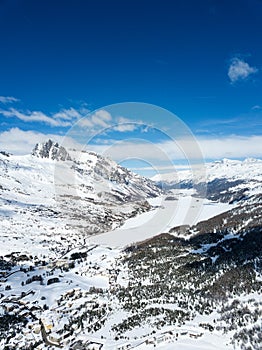 Aerial view by drone over the Engadin valleyï¼ŒSt. Moritz, Switzerland