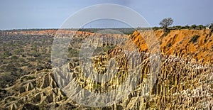 Aerial view of a drone, with rare geological phenomenon, cliffs of clayey clay with erosion, strange forms