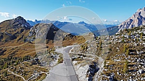 Aerial view with drone of road from Valparola Pass in South Tyrol, Italy