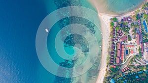 Aerial view from the drone on the sand beach of Haad Rin, Koh Phangan island photo