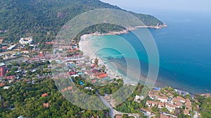 Aerial view from the drone on the sand beach of Haad Rin, Koh Phangan island photo