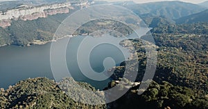 Aerial view from drone of Sau reservoir, Catalonia, at sunny autumn day