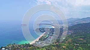 Aerial view drone shot of beautiful landscape 3 bays view point at Kata,Karon beach Viewpoint in Phuket island Thailand,Beautiful