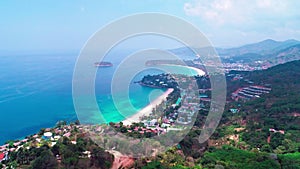 Aerial view drone shot of beautiful landscape 3 bays view point at Kata,Karon beach Viewpoint in Phuket island Thailand,Beautiful