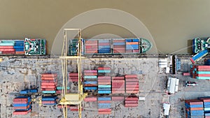 Aerial view drone shot of Container ship in export and import lo