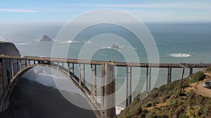 Aerial View Drone Shot of Highway Pacific Coast Highway California USA Big Sur Bixby Bridge