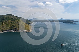 Aerial view drone shot of Laem krating viewpoint new landmark in Phuket Thailand,near promthep cape,beautiful scenery andaman sea