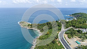 Aerial view drone shot of laem promthep cape,beautiful scenery andaman sea in summer season,phuket thailand