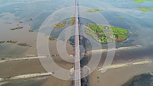 Aerial view drone shot of long bridge in the lake