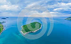 Aerial view drone shot of long tail boat at rawai beach,phuket Thailand