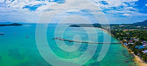 Aerial view drone shot of long tail boat at rawai beach,phuket Thailand