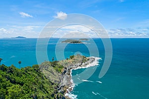 Aerial view drone shot of panorama laem promthep cape,beautiful scenery andaman sea in summer season,phuket thailand Beautiful