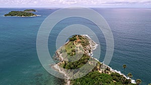 Aerial view drone shot of Promthep Cape in Phuket thailand,beautiful landmark to see sunset in phuket thailand New normal after co