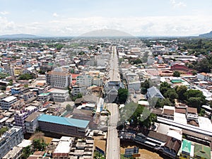 Aerial view from a drone that shows the border town of Mae Sai District, Thailand, And international immigration Tachileik