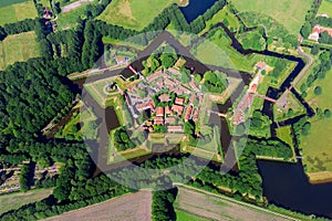 Aerial view from the drone of star-shaped Fort Bourtange, Groningen, The Netherlands