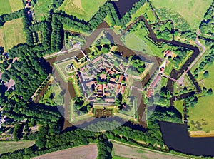 Aerial view from the drone of star-shaped Fort Bourtange, Groningen, The Netherlands