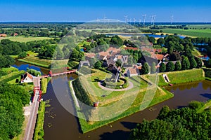 Aerial view from the drone of star-shaped Fort Bourtange, Groningen, The Netherlands