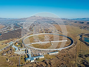 Aerial view from drone to big radio telescope RATAN-600 SAO RAS. Zelenchukskaya, Karachay-Cherkessia, Russia