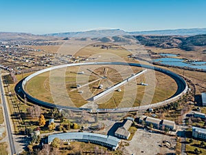 Aerial view from drone to big radio telescope RATAN-600 SAO RAS. Zelenchukskaya, Karachay-Cherkessia, Russia