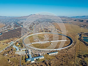 Aerial view from drone to big radio telescope RATAN-600 SAO RAS. Zelenchukskaya, Karachay-Cherkessia, Russia