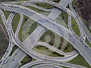 Aerial view from a drone to a road junction in the city