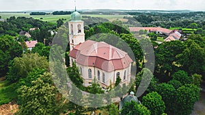 Aerial view from drone to romantic citiscape in Poland, Central Europe. HDR warm filtered photography. Church in the middle