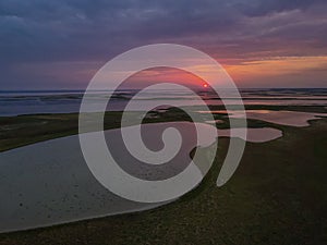 Aerial view from a drone to sunset over the lakes