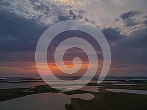 Aerial view from a drone to sunset over the lakes