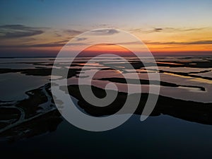 Aerial view from a drone to sunset over the lakes