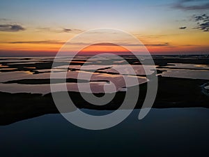 Aerial view from a drone to sunset over the lakes