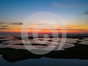 Aerial view from a drone to sunset over the lakes