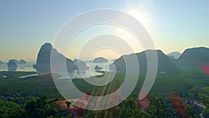 Aerial view Drone video Beautiful Samet Nangshe viewpoint over Phang Nga Bay scenic Landscape mangrove forest and mountains in And