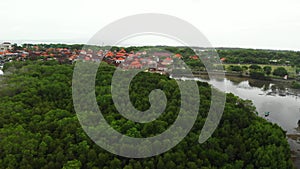 Aerial view drone video of mangroves on Bali island, Indonesia. Serangan island.