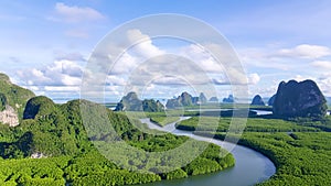 Aerial view Drone view shot of Amazing mountains mangrove forest and sea landscape with shadows clouds over mountains,Located at B