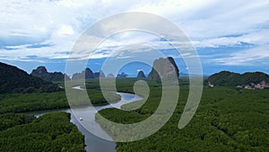 Aerial view Drone view shot of Amazing mountains mangrove forest and sea landscape with shadows clouds over mountains,Located at B