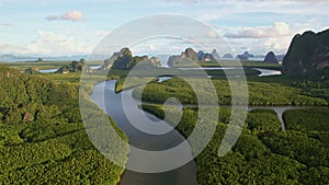 Aerial view Drone view shot of Amazing mountains mangrove forest and sea landscape with shadows clouds over mountains,Located at B