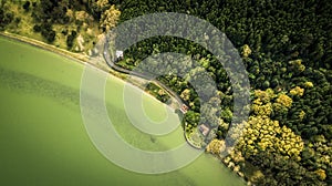 Aerial view from drone on volcanic lake Furnas.