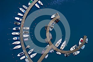 Aerial View by Drone of Yacht Club and Marina. Top view of yacht club.