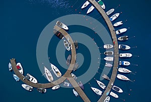 Aerial View by Drone of Yacht Club and Marina. Top view of yacht club.