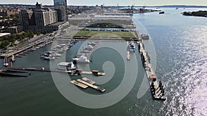 Aerial view by drone of yacht of marina a dock basin small boat in a over East River at New York City